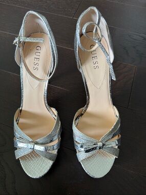 GUESS Silver Metallic Bow-Ankle Strap Heels
